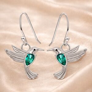 Hummingbird Dangle Earrings | Silver with Green Stone